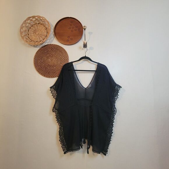 Topshop Kimono Black Lace Trim Tie Waist‎ Double V Beach Cover Small - Picture 2 of 16